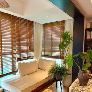 motorized wooden venetian blinds with sheer curtain