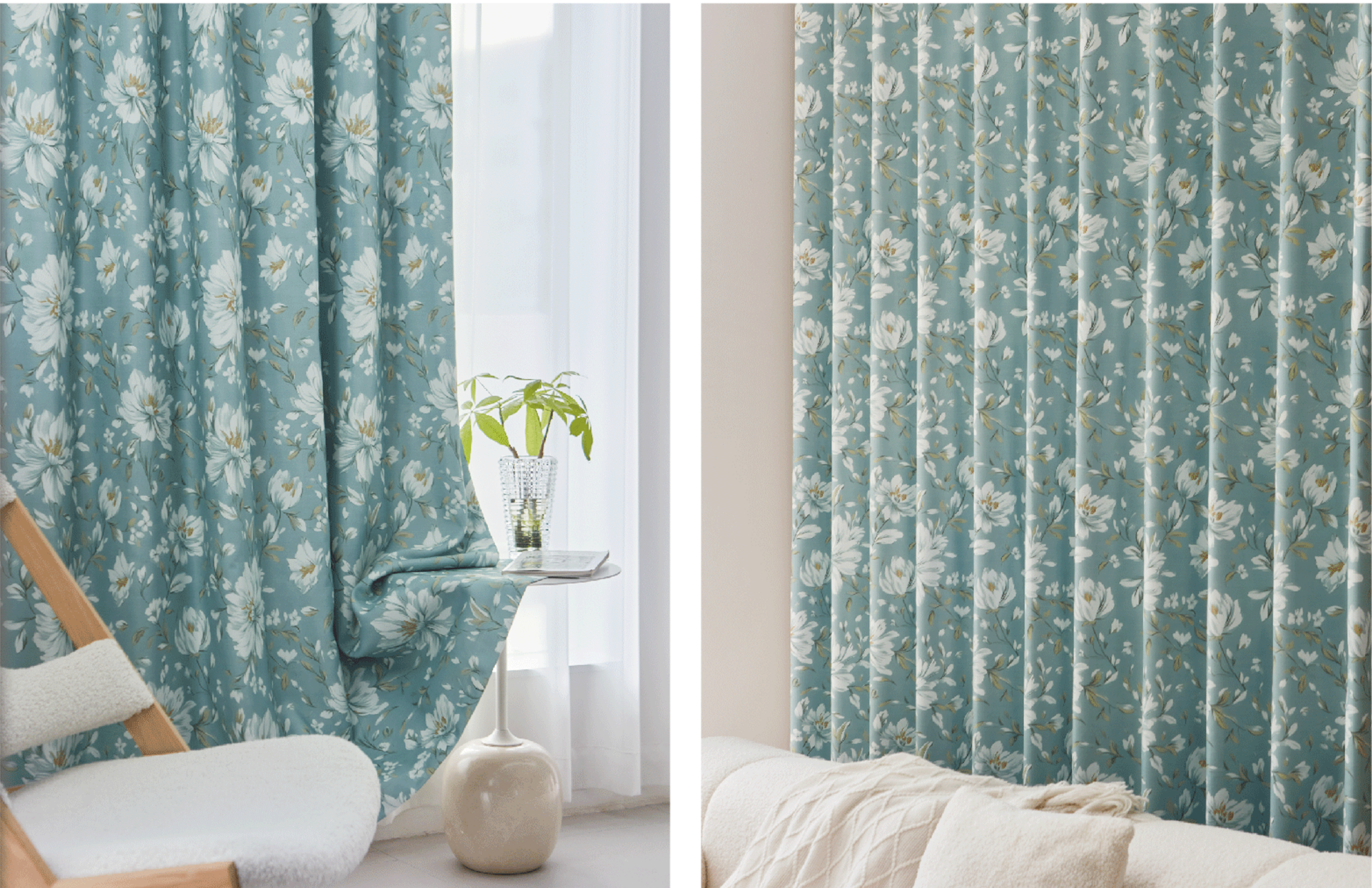 Wolverine Lily blackout curtains in dusty blue botanical print